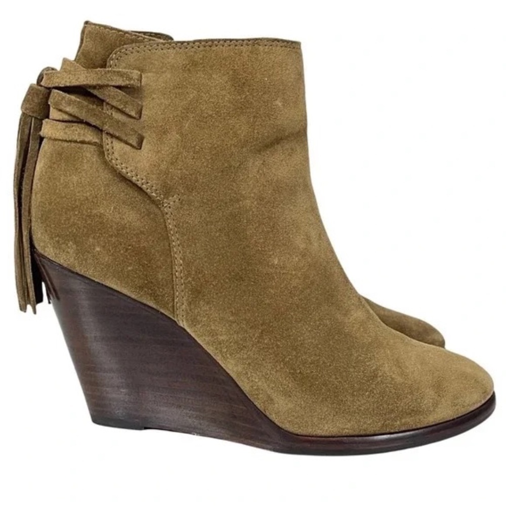 FRYE Women's 8 Cece Tassel Lace Wedge Bootie Cashew Suede